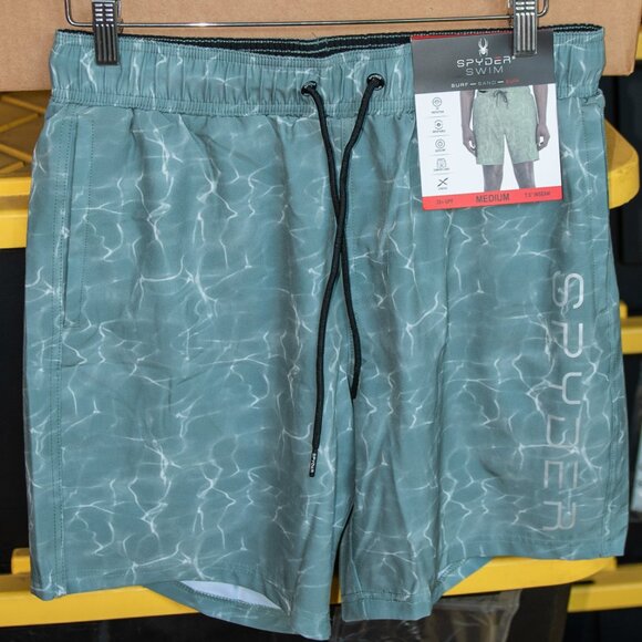 SPYDER Mens Swim Shorts Green, L 30+UPF‎ Inseam 7.5" 4-Pockets Zipper